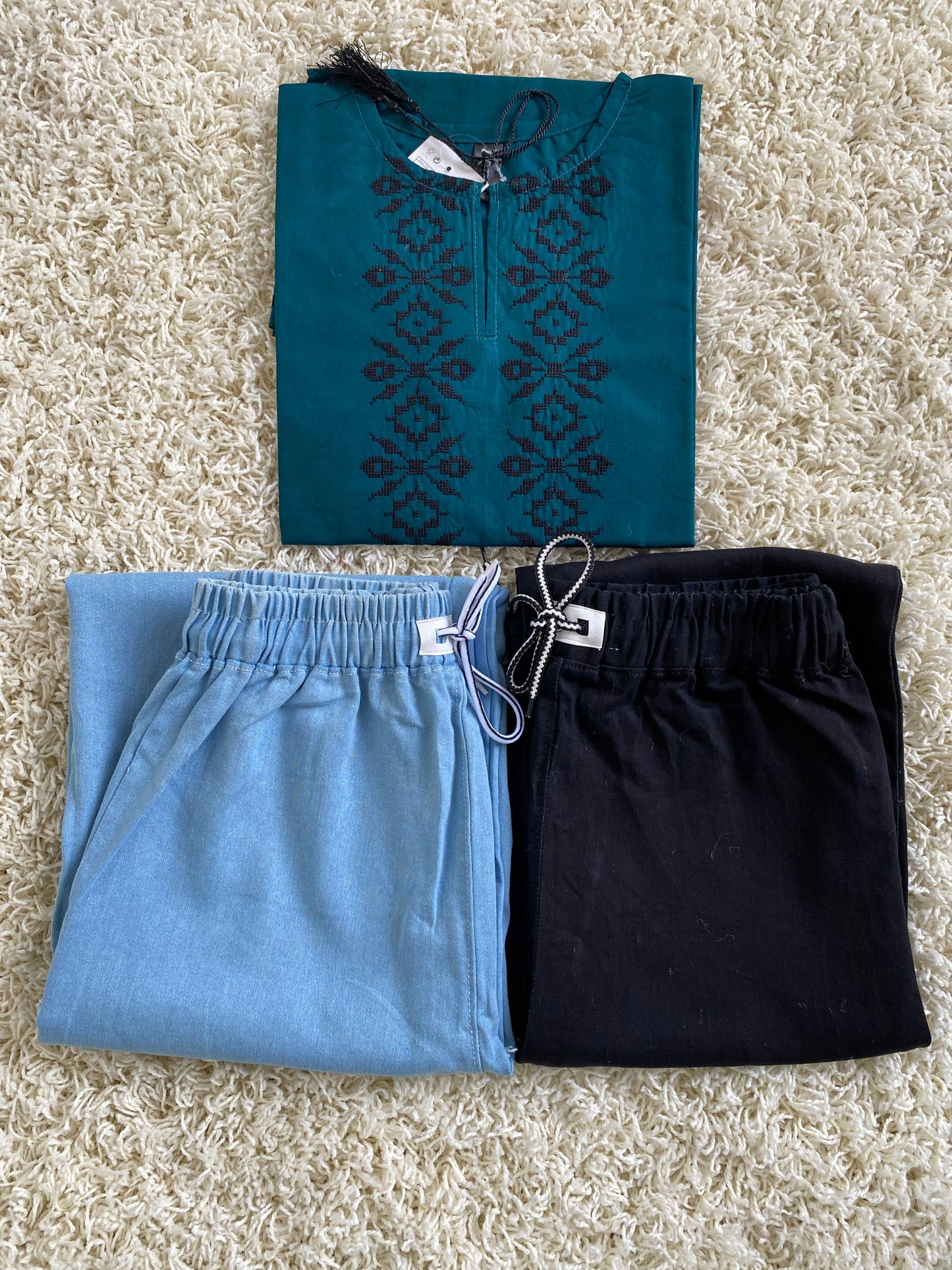 Stitched 2 Piece Embroided Royal Cotton Top with Baggy Jeans - Design 1