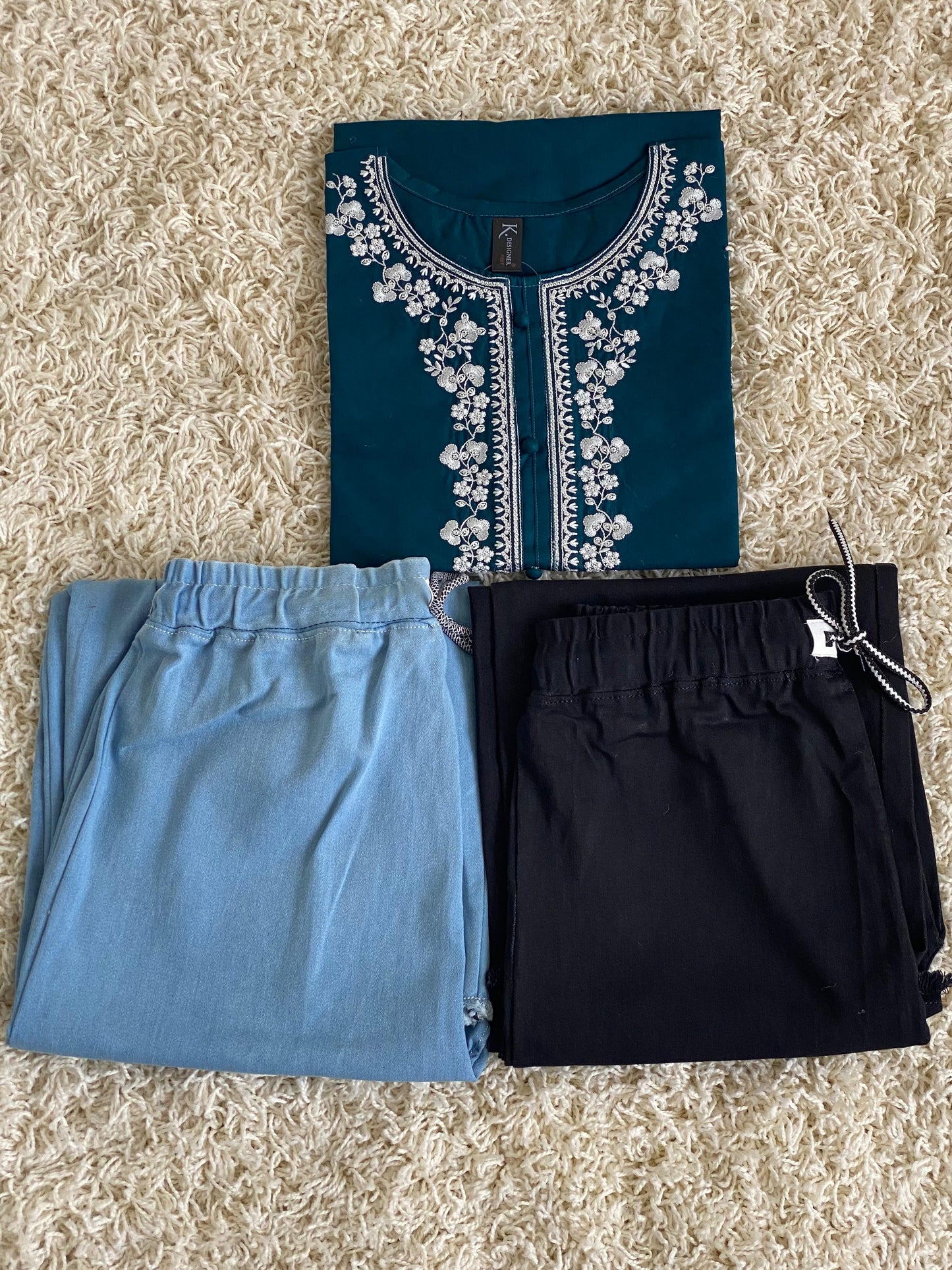 Stitched 2 Piece Embroided Royal Cotton Top with Baggy Jeans