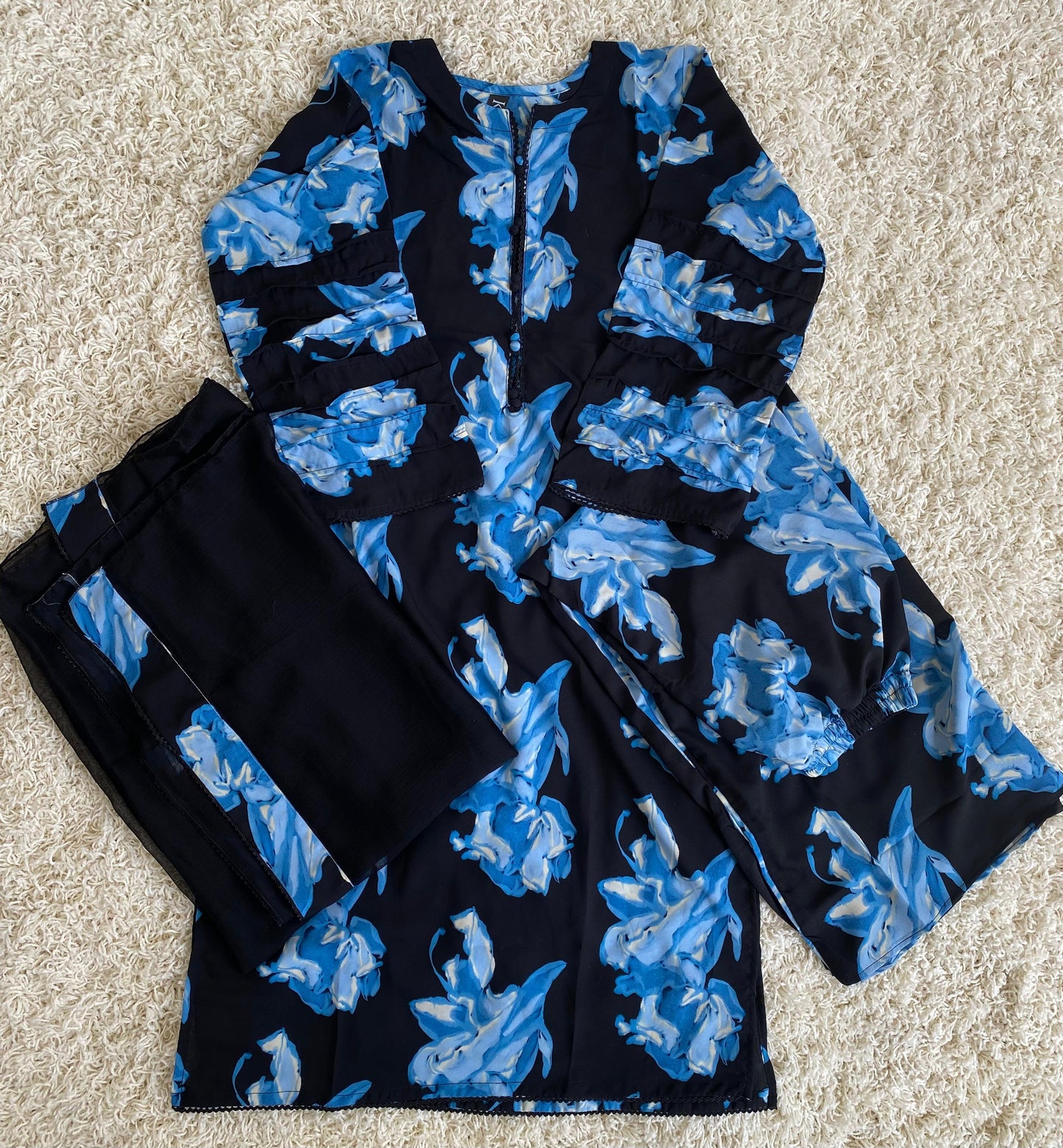 Gorget print 3 piece stitched shirt trouser with shafoon Dupatta D1