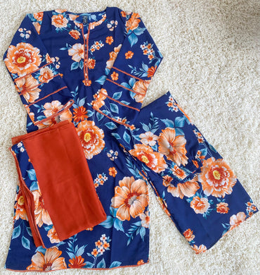 Gorget print 3 piece stitched shirt trouser with shafoon Dupatta D1