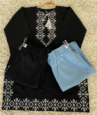 Stitched 2 Piece Embroided Royal Cotton Top with Baggy Jeans - Design 1