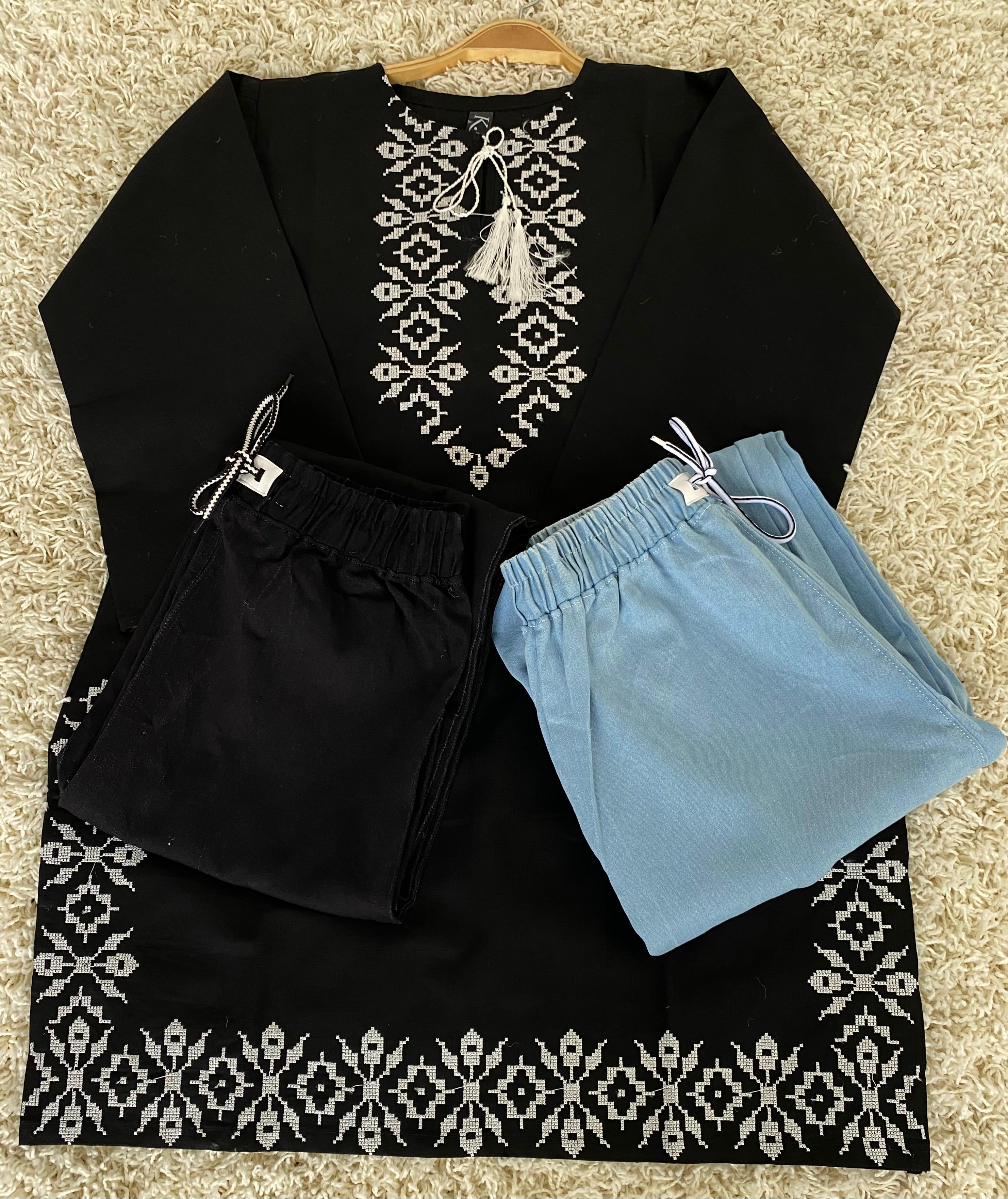 Stitched 2 Piece Embroided Royal Cotton Top with Baggy Jeans - Design 1