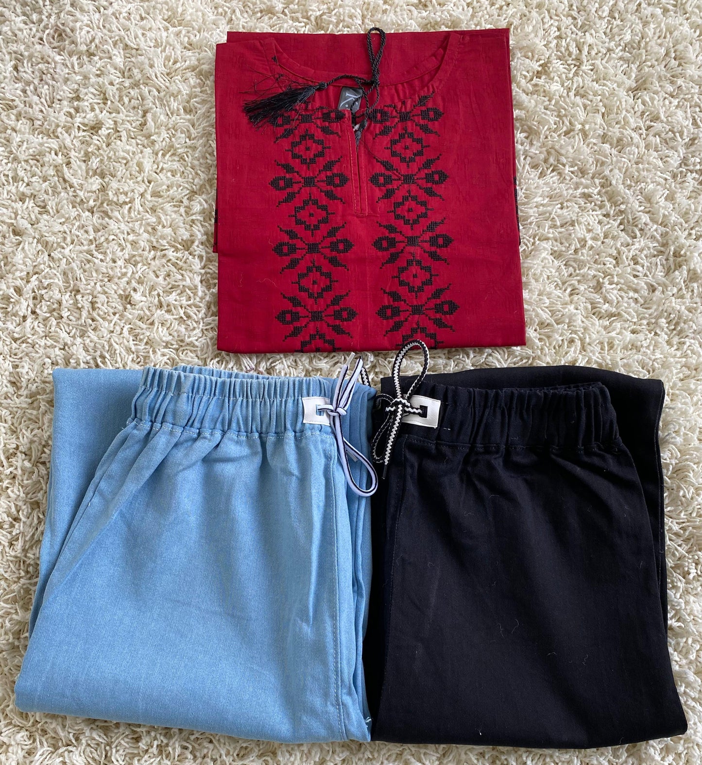 Stitched 2 Piece Embroided Royal Cotton Top with Baggy Jeans - Design 1