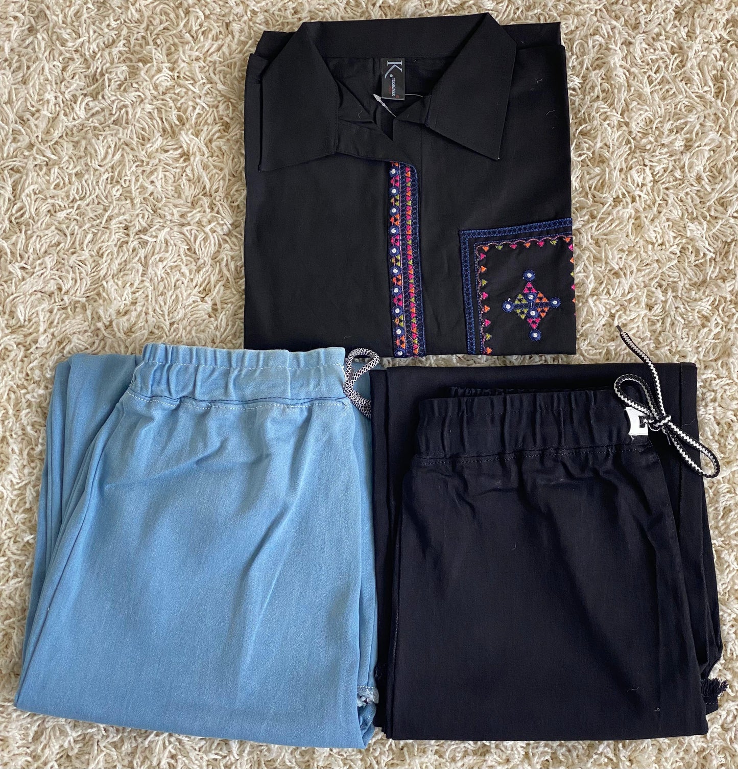 Stitched 2 Piece Embroided Royal Cotton Top with Baggy Jeans