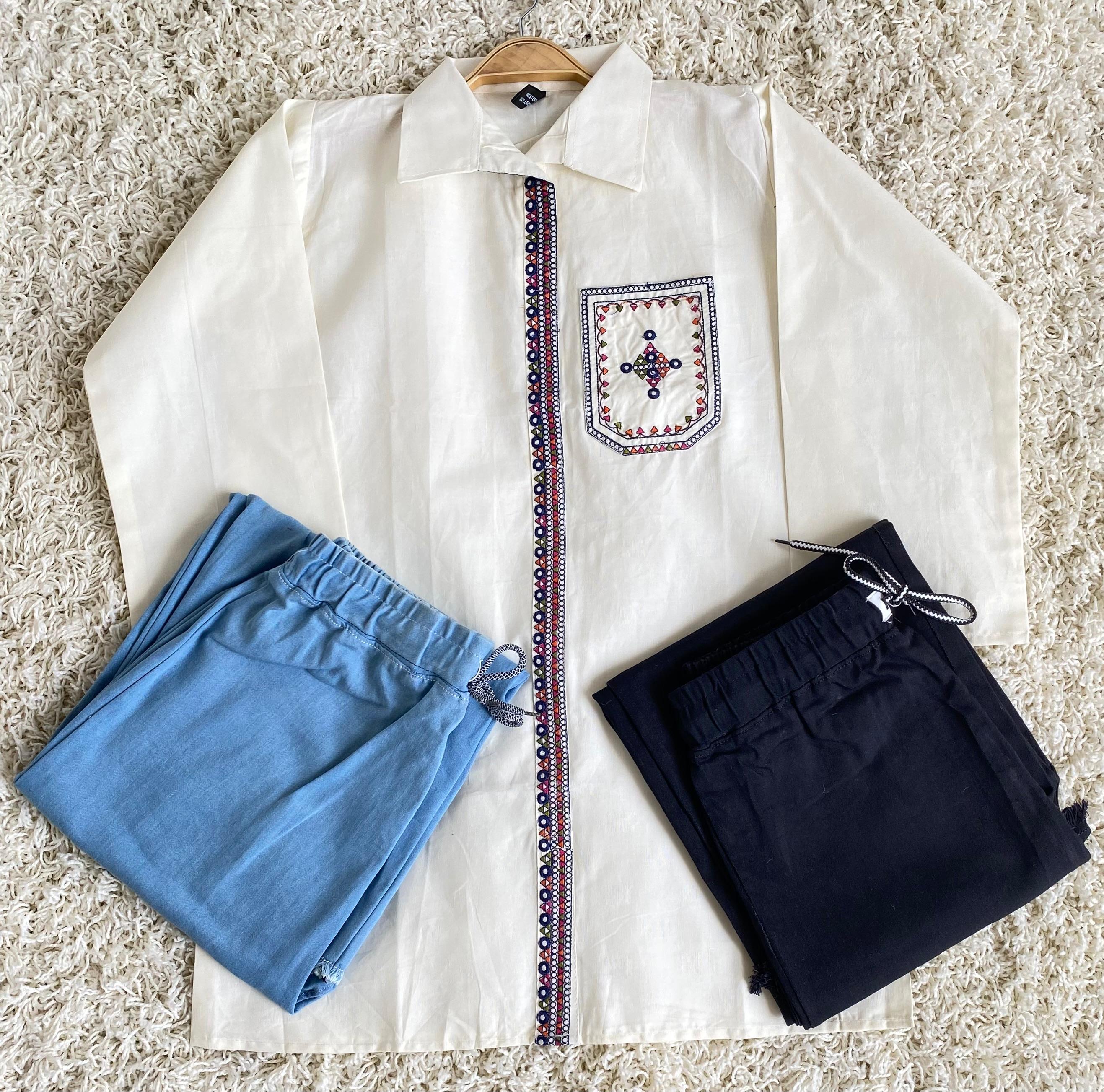 Stitched 2 Piece Embroided Royal Cotton Top with Baggy Jeans