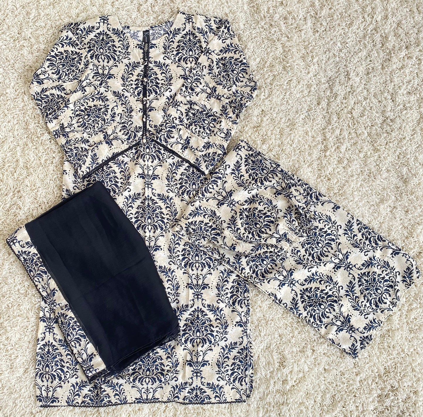 Gorget print 3 piece stitched shirt  trouser with shafoon Dupatta D1