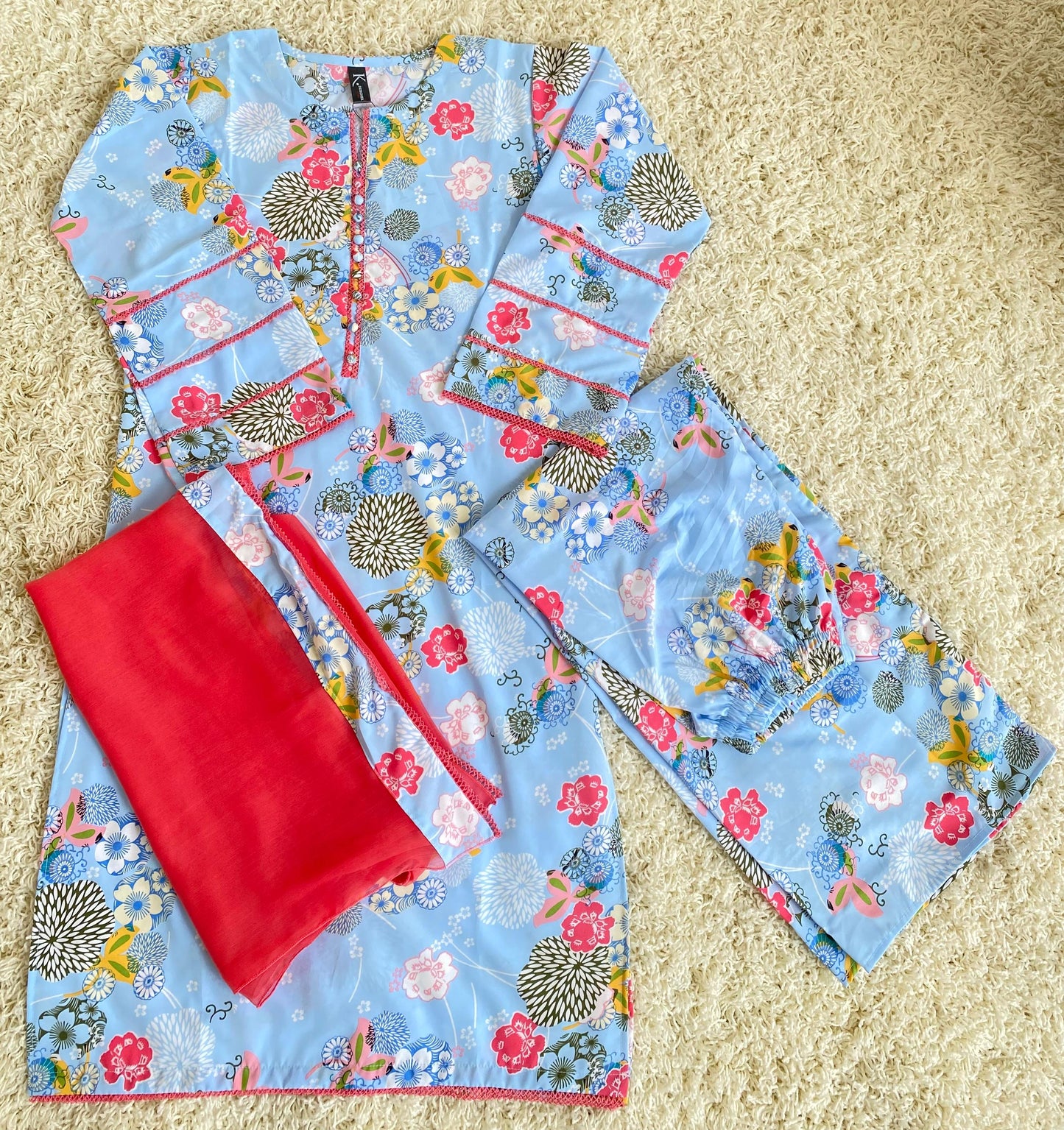 Gorget print 3 piece stitched shirt  trouser with shafoon Dupatta D1